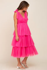 Fuchsia Sleeveless Tiered Tie Strap Tulle Midi Dress