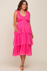 Fuchsia Sleeveless Tiered Tie Strap Tulle Maternity Midi Dress