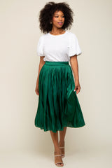 Forest Green Pleated Shimmer Satin Midi Skirt