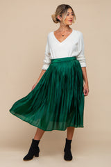 Forest Green Pleated Shimmer Satin Maternity Midi Skirt