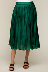 Forest Green Pleated Shimmer Satin Maternity Midi Skirt