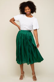 Forest Green Pleated Shimmer Satin Midi Skirt