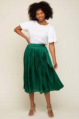 Forest Green Pleated Shimmer Satin Maternity Midi Skirt