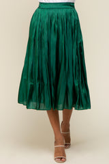 Forest Green Pleated Shimmer Satin Midi Skirt