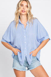 Blue Striped Button Front Collared Short Sleeve Top