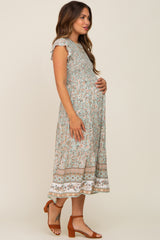 Light Olive Smocked Maternity Midi Dress