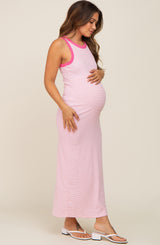 Pink Striped Ribbed Sleeveless Maternity Maxi Dress