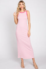 Pink Striped Ribbed Sleeveless Maternity Maxi Dress