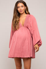 Mauve Deep V-Neck Long Sleeve Maternity Dress