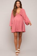 Mauve Deep V-Neck Long Sleeve Maternity Dress