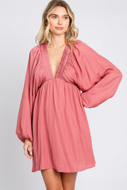 Mauve Deep V-Neck Long Sleeve Dress