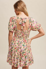 Cream Floral Print Puff Sleeve Dress With Back Tie