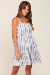 Light Blue Striped Floral Sleeveless Tiered Dress