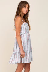 Light Blue Striped Floral Sleeveless Tiered Dress