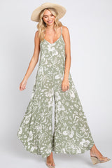 Light Olive Tropical Floral V-Neck Round Hem Midi Dress