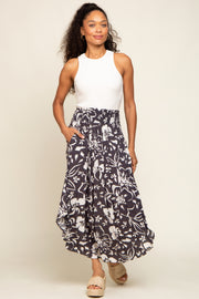 Charcoal Tropical Floral Smocked Waist Round Hem Midi Skirt