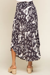 Charcoal Tropical Floral Smocked Waist Round Hem Midi Skirt