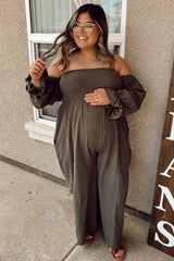 Olive Linen Smocked Off Shoulder Wide Leg Maternity Jumpsuit