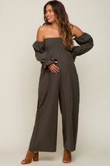 Olive Linen Smocked Off Shoulder Wide Leg Maternity Jumpsuit