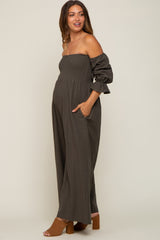 Olive Linen Smocked Off Shoulder Wide Leg Maternity Jumpsuit