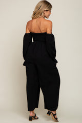 Black Linen Smocked Off Shoulder Wide Leg Maternity Jumpsuit