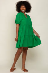 Green Satin Ruffle V-Neck Short Sleeve Maternity Dress