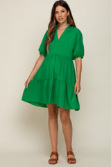 Green Satin Ruffle V-Neck Short Sleeve Maternity Dress