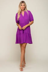 Purple Satin Ruffle V-Neck Short Sleeve Dress