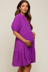 Purple Satin Ruffle V-Neck Short Sleeve Maternity Dress