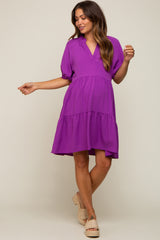 Purple Satin Ruffle V-Neck Short Sleeve Maternity Dress