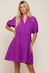 Purple Satin Ruffle V-Neck Short Sleeve Maternity Dress