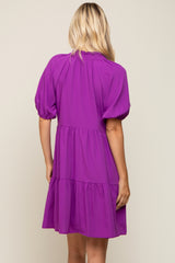 Purple Satin Ruffle V-Neck Short Sleeve Dress