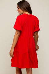 Red Satin Ruffle V-Neck Short Sleeve Maternity Dress