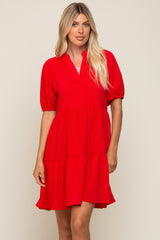 Red Satin Ruffle V-Neck Short Sleeve Maternity Dress