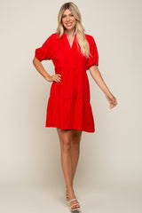 Red Satin Ruffle V-Neck Short Sleeve Dress