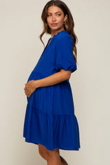 Royal Satin Ruffle V-Neck Short Sleeve Maternity Dress