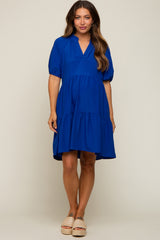 Royal Satin Ruffle V-Neck Short Sleeve Maternity Dress