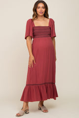 Burgundy Embroidered Smocked Square Neck Open Back Maternity Midi Dress