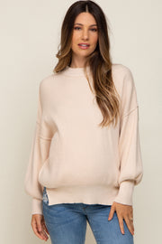 Beige Knit Mock Neck Maternity Sweater