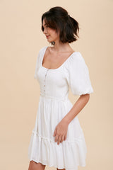 Off White Smocked Button Front Mini Dress