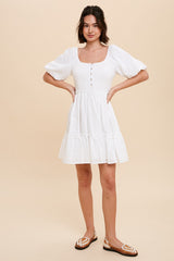 Off White Smocked Button Front Mini Dress