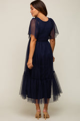 Navy Blue Dotted Tulle Smocked Maternity Midi Dress