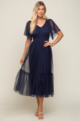 Navy Blue Dotted Tulle Smocked Maternity Midi Dress