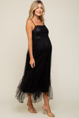 Black Sequin Top Tulle Maternity Midi Dress