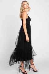 Black Sequin Top Tulle Midi Dress