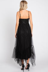 Black Sequin Top Tulle Midi Dress