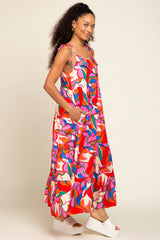 Coral Multi-Color Printed Tiered Dress