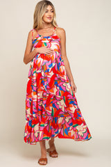 Coral Multi-Color Printed Tiered Maternity Dress