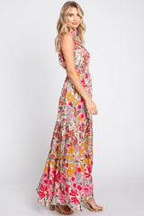 Pink Floral Mock Neck Maxi Dress