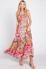 Pink Floral Mock Neck Maxi Dress